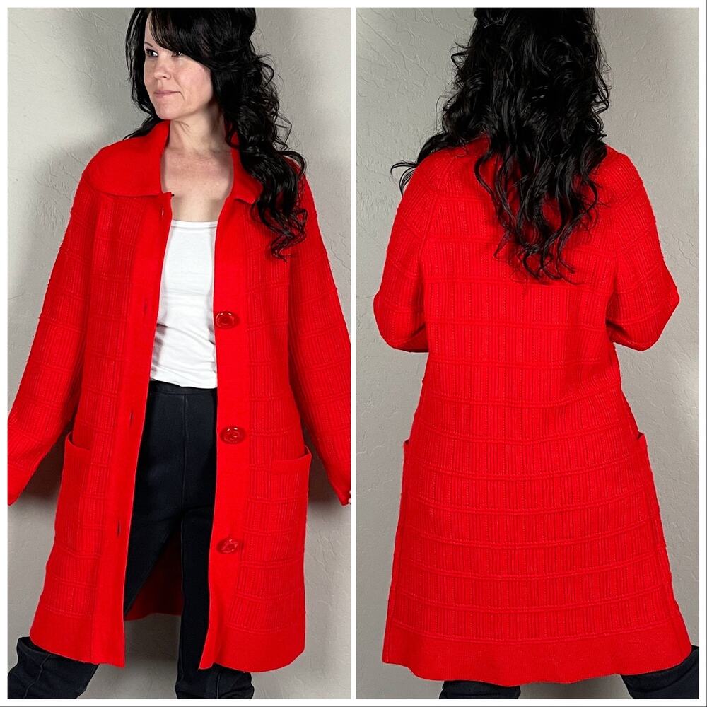 Vintage 1970s Red Chunky Knit Duster Cardigan Sweater - Picture 4 of 7